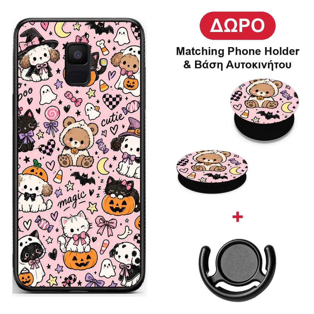 Halloween Cute Animals on Pink - Samsung Galaxy A6 2018 θήκη + Δώρο Phone Holder & Βάση Αυτοκινήτου