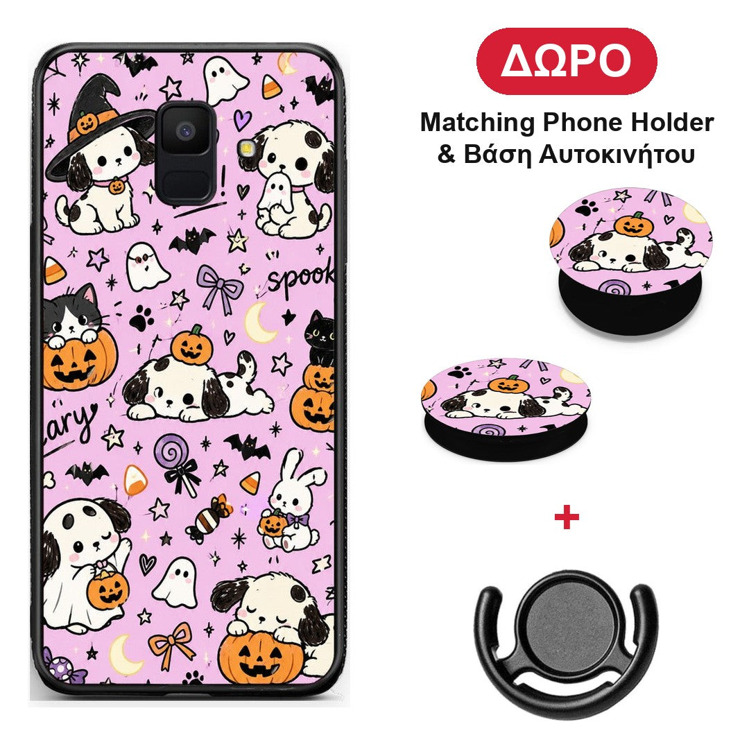 Halloween Puppies and Friends on Lilac - Samsung Galaxy A6 2018 θήκη + Δώρο Phone Holder & Βάση Αυτοκινήτου