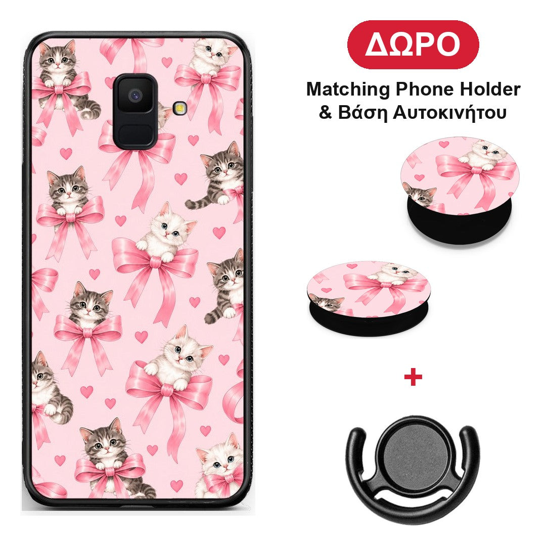 Kittens and Pink Bows on Pink - Samsung Galaxy A6 2018 θήκη + Δώρο Phone Holder & Βάση Αυτοκινήτου