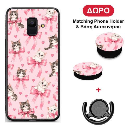 Kittens and Pink Bows on Pink - Samsung Galaxy A6 2018 θήκη + Δώρο Phone Holder & Βάση Αυτοκινήτου