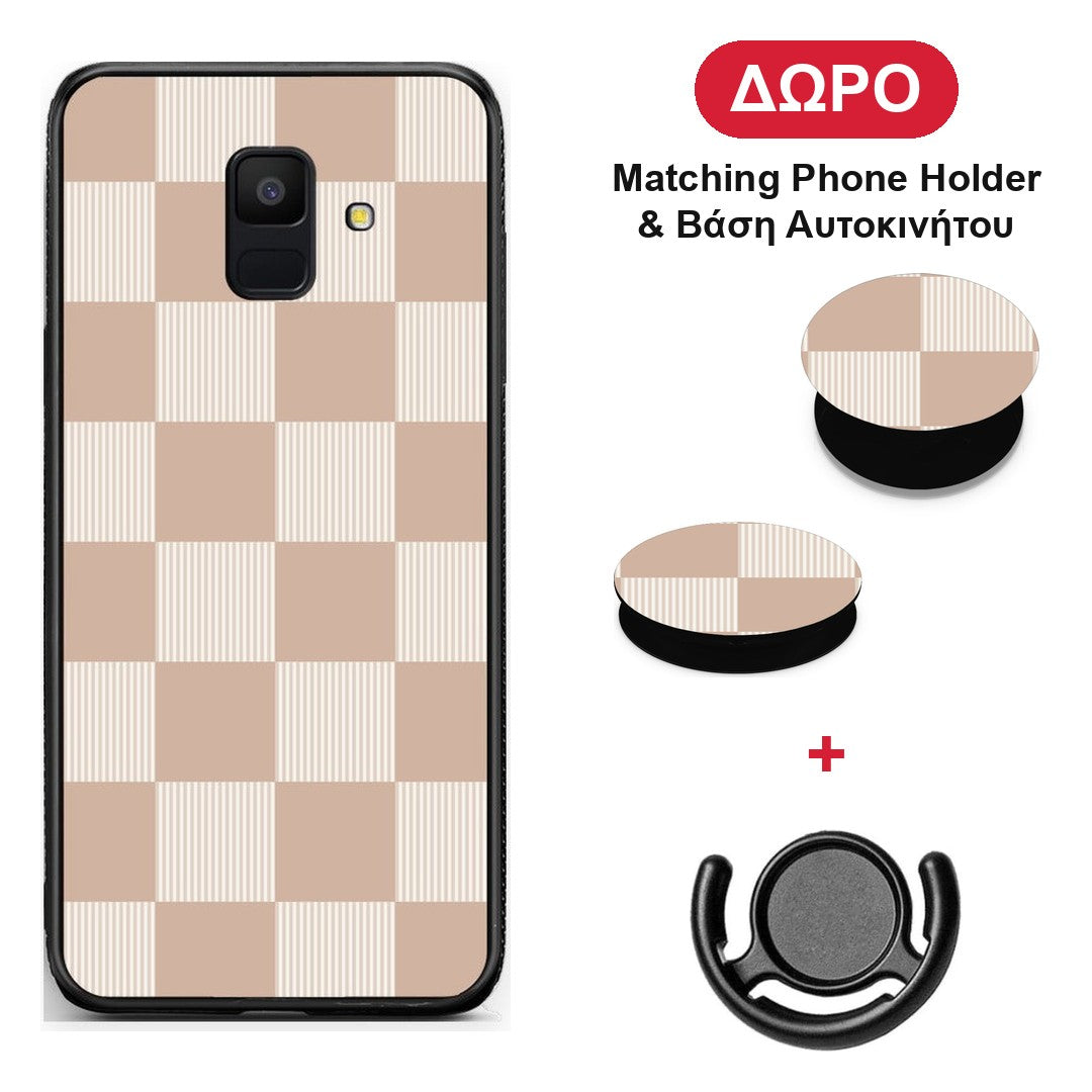 Latte and Cream Striped Checks - Samsung Galaxy A6 2018 θήκη + Δώρο Phone Holder & Βάση Αυτοκινήτου