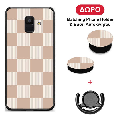 Latte and Cream Striped Checks - Samsung Galaxy A6 2018 θήκη + Δώρο Phone Holder & Βάση Αυτοκινήτου