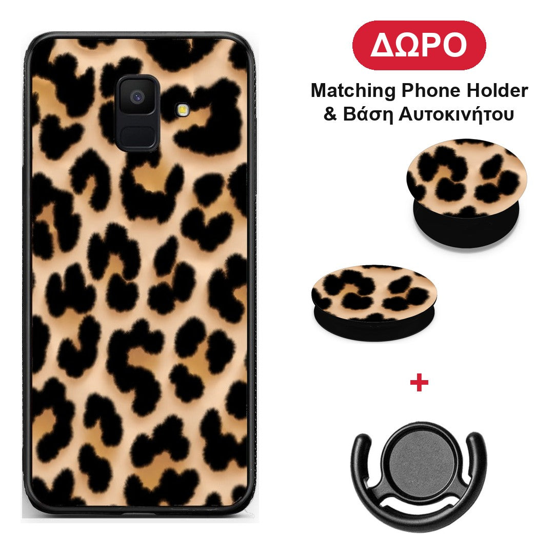 Leopard Print Tan Large - Samsung Galaxy A6 2018 θήκη + Δώρο Phone Holder & Βάση Αυτοκινήτου