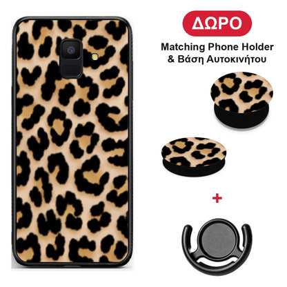 Leopard Print Tan Small - Samsung Galaxy A6 2018 θήκη + Δώρο Phone Holder & Βάση Αυτοκινήτου