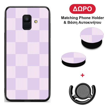 Lilac and Cream Striped Checks - Samsung Galaxy A6 2018 θήκη + Δώρο Phone Holder & Βάση Αυτοκινήτου