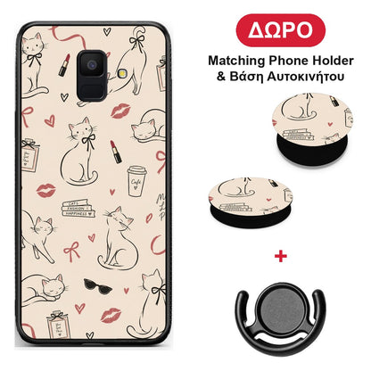 Minimal Cat and Fashion Doodles on Cream - Samsung Galaxy A6 2018 θήκη + Δώρο Phone Holder & Βάση Αυτοκινήτου