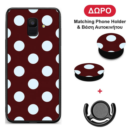 Pale Blue Large Polka Dots on Burgundy - Samsung Galaxy A6 2018 θήκη + Δώρο Phone Holder & Βάση Αυτοκινήτου