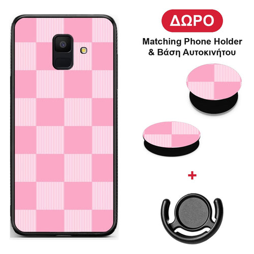 Pink and White Striped Checks - Samsung Galaxy A6 2018 θήκη + Δώρο Phone Holder & Βάση Αυτοκινήτου