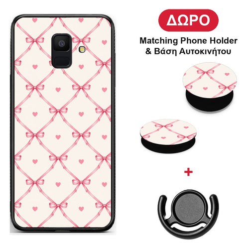 Pink Bow Lattice and Hearts on Cream - Samsung Galaxy A6 2018 θήκη + Δώρο Phone Holder & Βάση Αυτοκινήτου