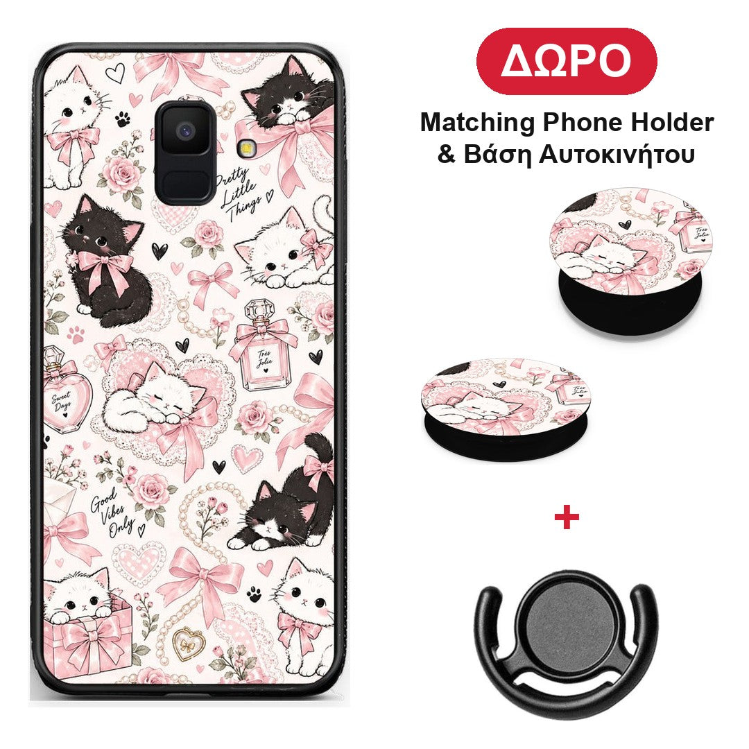 Pink Bows and Kittens Collage - Samsung Galaxy A6 2018 θήκη + Δώρο Phone Holder & Βάση Αυτοκινήτου