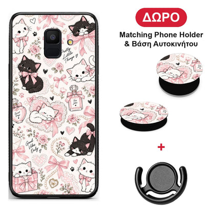 Pink Bows and Kittens Collage - Samsung Galaxy A6 2018 θήκη + Δώρο Phone Holder & Βάση Αυτοκινήτου