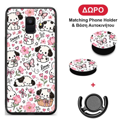Pink Florals Puppies and Bunnies on White - Samsung Galaxy A6 2018 θήκη + Δώρο Phone Holder & Βάση Αυτοκινήτου