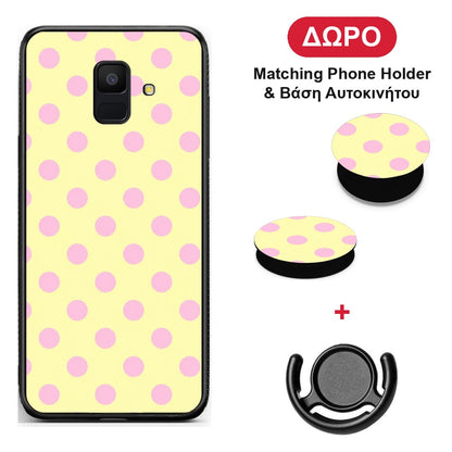 Pink Polka Dots on Yellow - Samsung Galaxy A6 2018 θήκη + Δώρο Phone Holder & Βάση Αυτοκινήτου