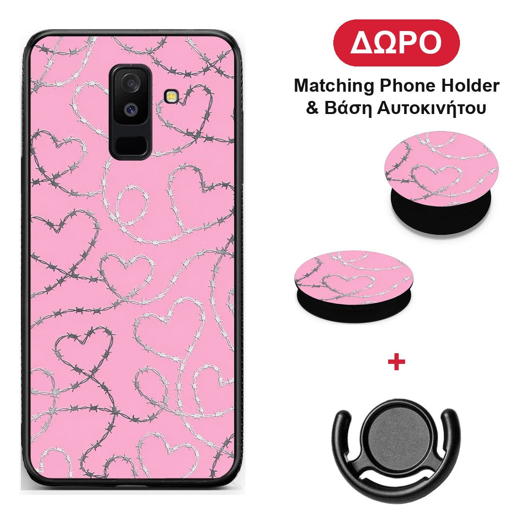 Barbed Wire Hearts on Pink - Samsung Galaxy A6+ 2018 θήκη + Δώρο Phone Holder & Βάση Αυτοκινήτου