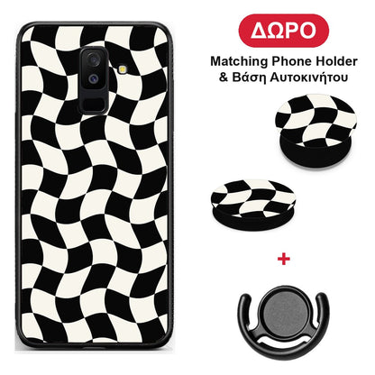 Black and Cream Wavy Checkerboard - Samsung Galaxy A6+ 2018 θήκη + Δώρο Phone Holder & Βάση Αυτοκινήτου