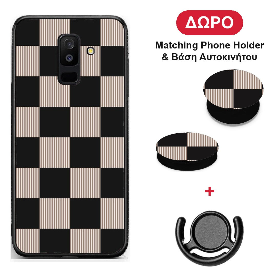 Black and Taupe Striped Checks - Samsung Galaxy A6+ 2018 θήκη + Δώρο Phone Holder & Βάση Αυτοκινήτου