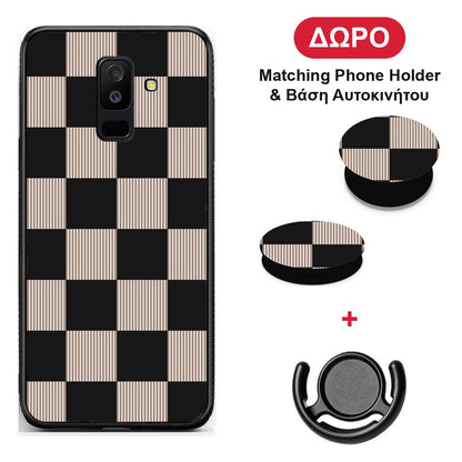 Black and Taupe Striped Checks - Samsung Galaxy A6+ 2018 θήκη + Δώρο Phone Holder & Βάση Αυτοκινήτου