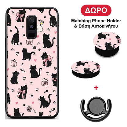Black Cat Doodles on Pink - Samsung Galaxy A6+ 2018 θήκη + Δώρο Phone Holder & Βάση Αυτοκινήτου