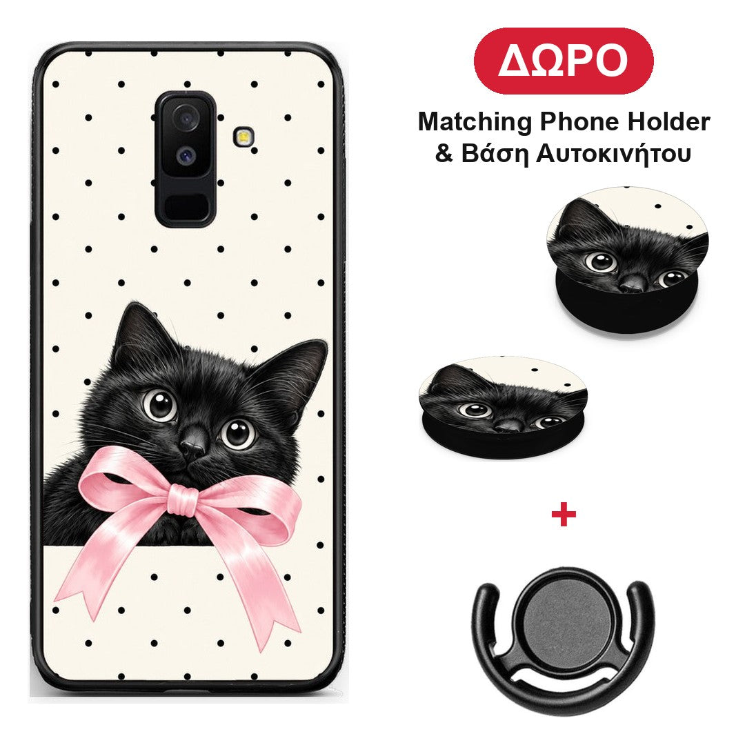 Black Kitten Pink Bow and Polka Dots - Samsung Galaxy A6+ 2018 θήκη + Δώρο Phone Holder & Βάση Αυτοκινήτου