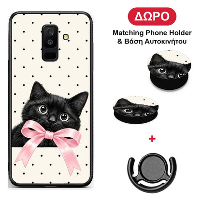 Black Kitten Pink Bow and Polka Dots - Samsung Galaxy A6+ 2018 θήκη + Δώρο Phone Holder & Βάση Αυτοκινήτου