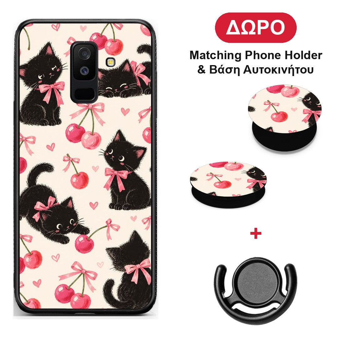Black Kittens and Cherries on Cream - Samsung Galaxy A6+ 2018 θήκη + Δώρο Phone Holder & Βάση Αυτοκινήτου