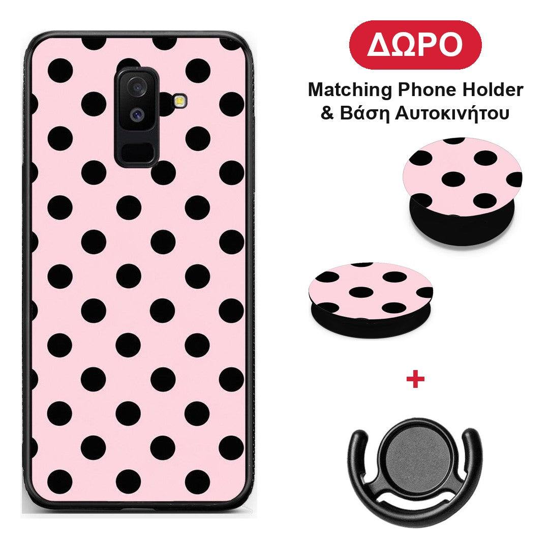 Black Polka Dots on Pink - Samsung Galaxy A6+ 2018 θήκη + Δώρο Phone Holder & Βάση Αυτοκινήτου