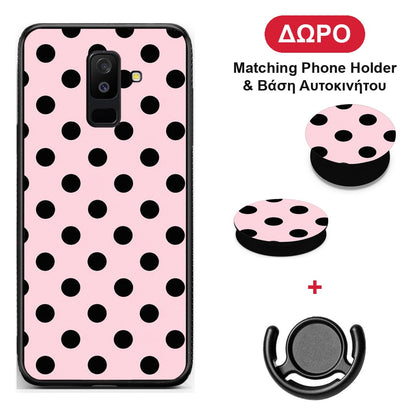 Black Polka Dots on Pink - Samsung Galaxy A6+ 2018 θήκη + Δώρο Phone Holder & Βάση Αυτοκινήτου