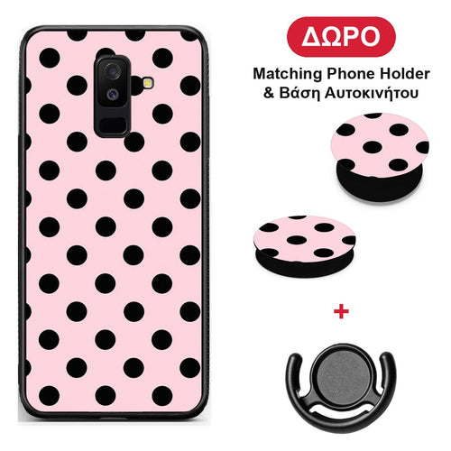 Black Polka Dots on Pink - Samsung Galaxy A6+ 2018 θήκη + Δώρο Phone Holder & Βάση Αυτοκινήτου