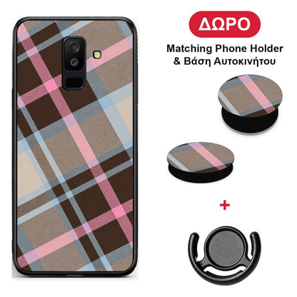 Brown Pink and Blue Diagonal Plaid - Samsung Galaxy A6+ 2018 θήκη + Δώρο Phone Holder & Βάση Αυτοκινήτου