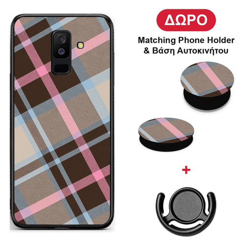Brown Pink and Blue Diagonal Plaid - Samsung Galaxy A6+ 2018 θήκη + Δώρο Phone Holder & Βάση Αυτοκινήτου