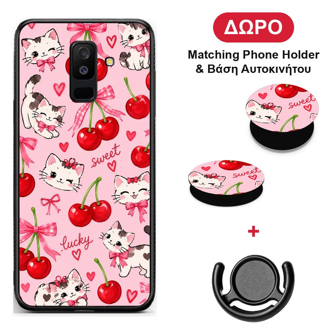 Cherries Bows and Kittens on Pink - Samsung Galaxy A6+ 2018 θήκη + Δώρο Phone Holder & Βάση Αυτοκινήτου