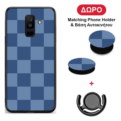 Denim Blue Checkerboard - Samsung Galaxy A6+ 2018 θήκη + Δώρο Phone Holder & Βάση Αυτοκινήτου