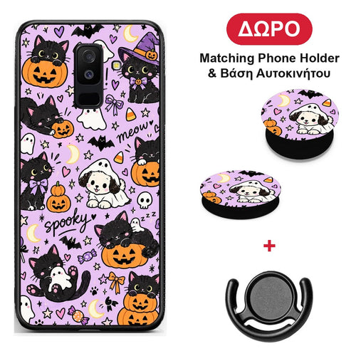 Halloween Black Cats on Lilac - Samsung Galaxy A6+ 2018 θήκη + Δώρο Phone Holder & Βάση Αυτοκινήτου