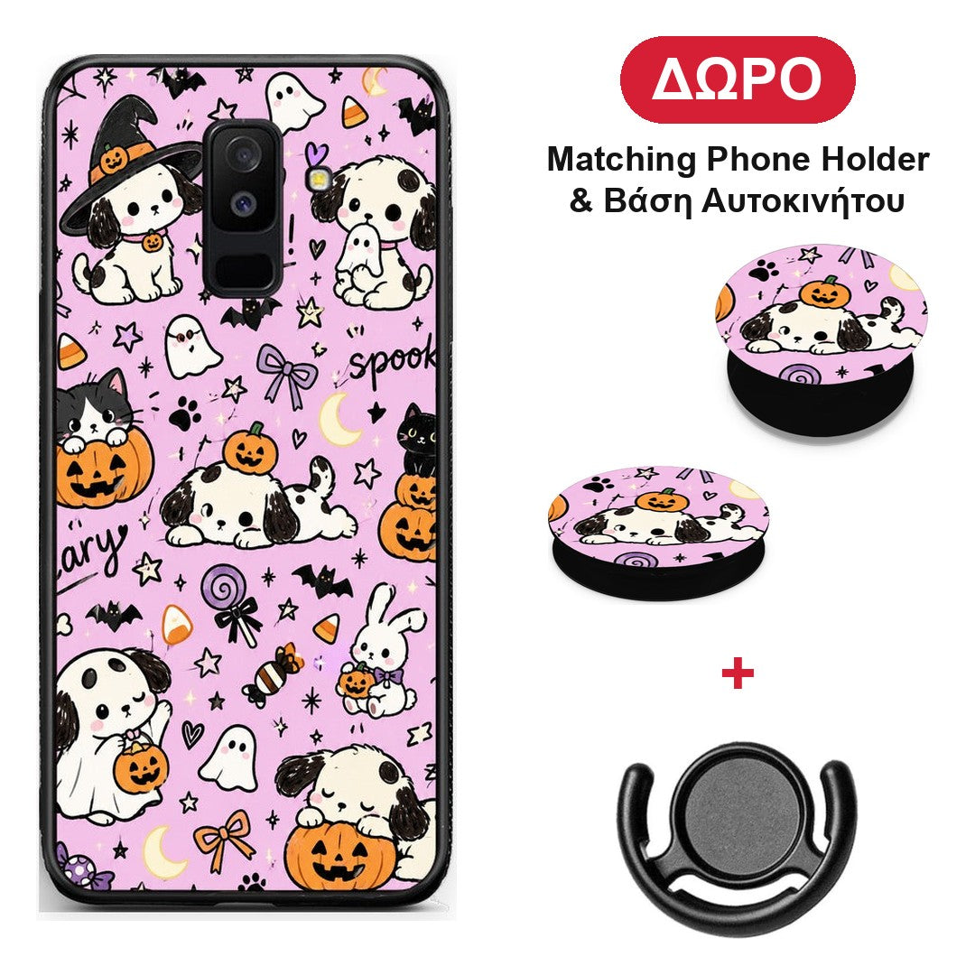 Halloween Puppies and Friends on Lilac - Samsung Galaxy A6+ 2018 θήκη + Δώρο Phone Holder & Βάση Αυτοκινήτου