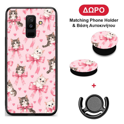 Kittens and Pink Bows on Pink - Samsung Galaxy A6+ 2018 θήκη + Δώρο Phone Holder & Βάση Αυτοκινήτου