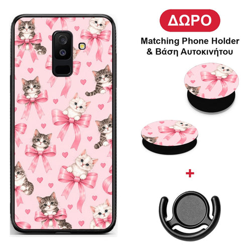 Kittens and Pink Bows on Pink - Samsung Galaxy A6+ 2018 θήκη + Δώρο Phone Holder & Βάση Αυτοκινήτου