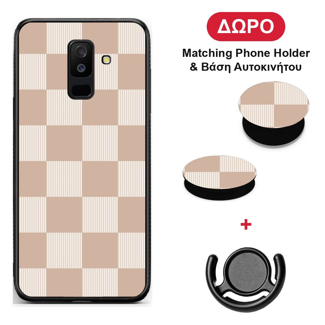Latte and Cream Striped Checks - Samsung Galaxy A6+ 2018 θήκη + Δώρο Phone Holder & Βάση Αυτοκινήτου