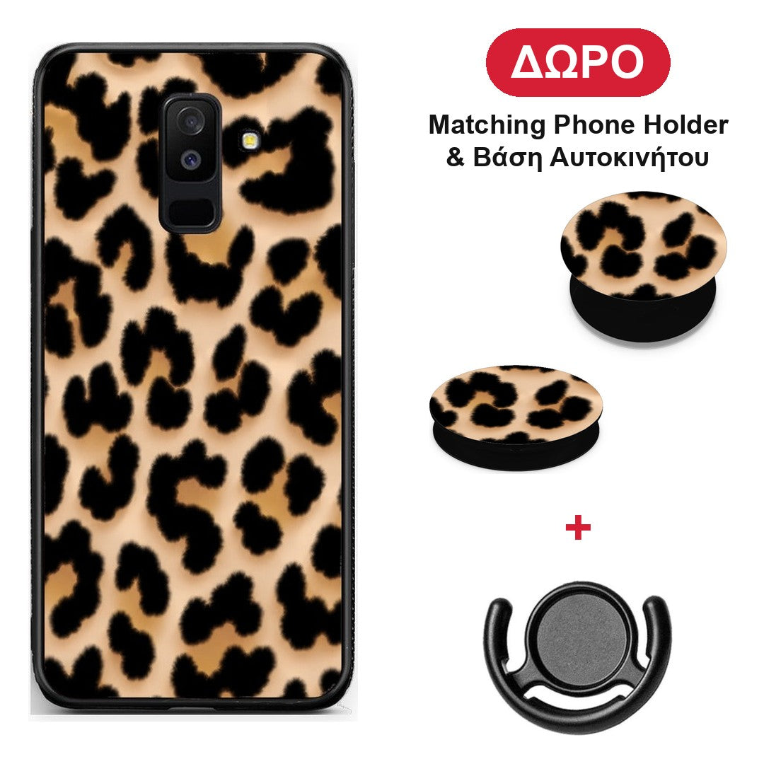 Leopard Print Tan Large - Samsung Galaxy A6+ 2018 θήκη + Δώρο Phone Holder & Βάση Αυτοκινήτου