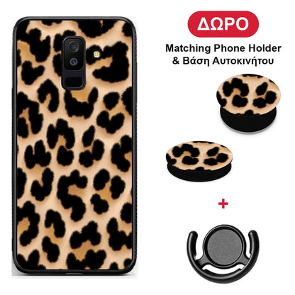 Leopard Print Tan Large - Samsung Galaxy A6+ 2018 θήκη + Δώρο Phone Holder & Βάση Αυτοκινήτου