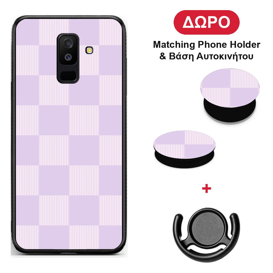Lilac and Cream Striped Checks - Samsung Galaxy A6+ 2018 θήκη + Δώρο Phone Holder & Βάση Αυτοκινήτου