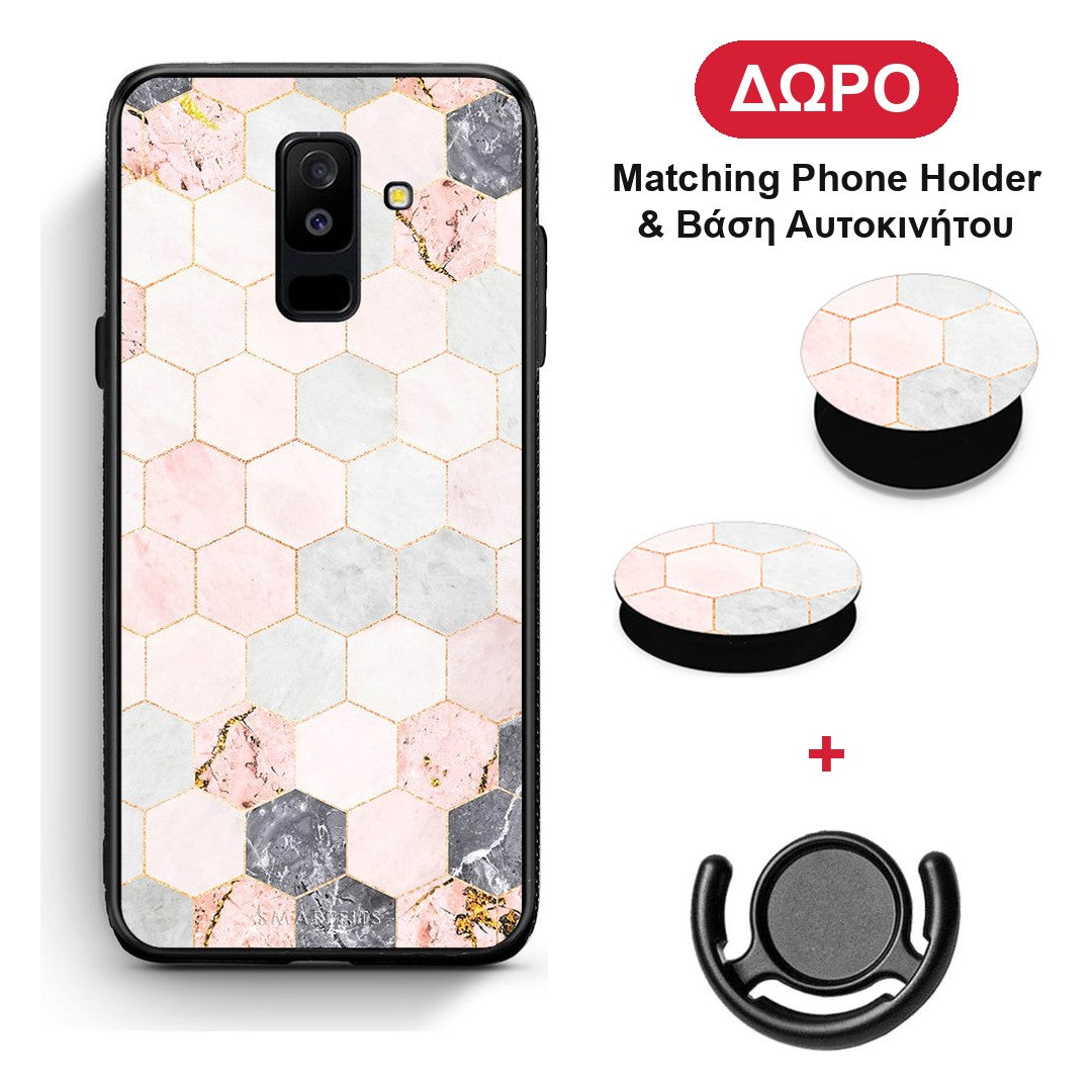 Marble Hexagon Pink - Samsung Galaxy A6+ 2018 θήκη + Δώρο Phone Holder & Βάση Αυτοκινήτου