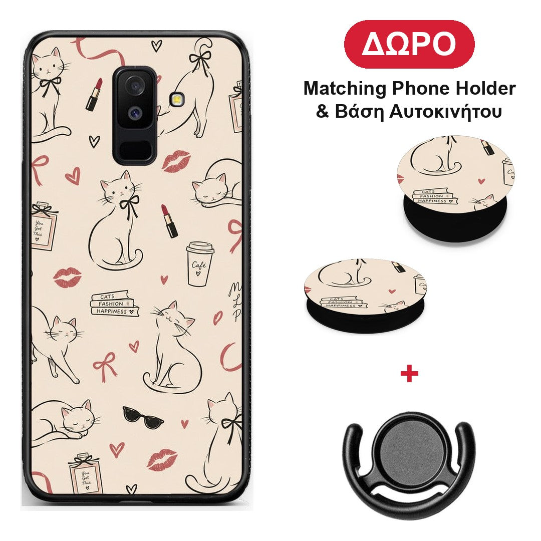 Minimal Cat and Fashion Doodles on Cream - Samsung Galaxy A6+ 2018 θήκη + Δώρο Phone Holder & Βάση Αυτοκινήτου