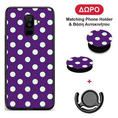 Mint Polka Dots on Purple - Samsung Galaxy A6+ 2018 θήκη + Δώρο Phone Holder & Βάση Αυτοκινήτου