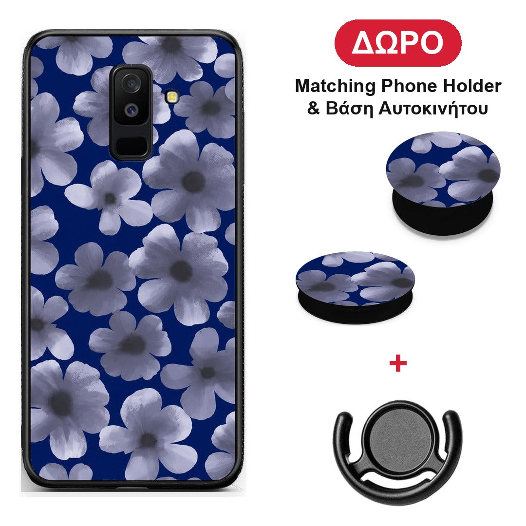 Pale Blue Flowers on Navy - Samsung Galaxy A6+ 2018 θήκη + Δώρο Phone Holder & Βάση Αυτοκινήτου