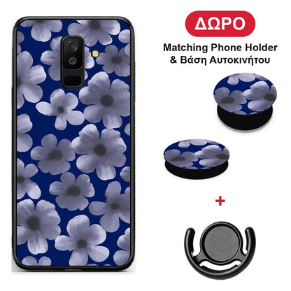 Pale Blue Flowers on Navy - Samsung Galaxy A6+ 2018 θήκη + Δώρο Phone Holder & Βάση Αυτοκινήτου