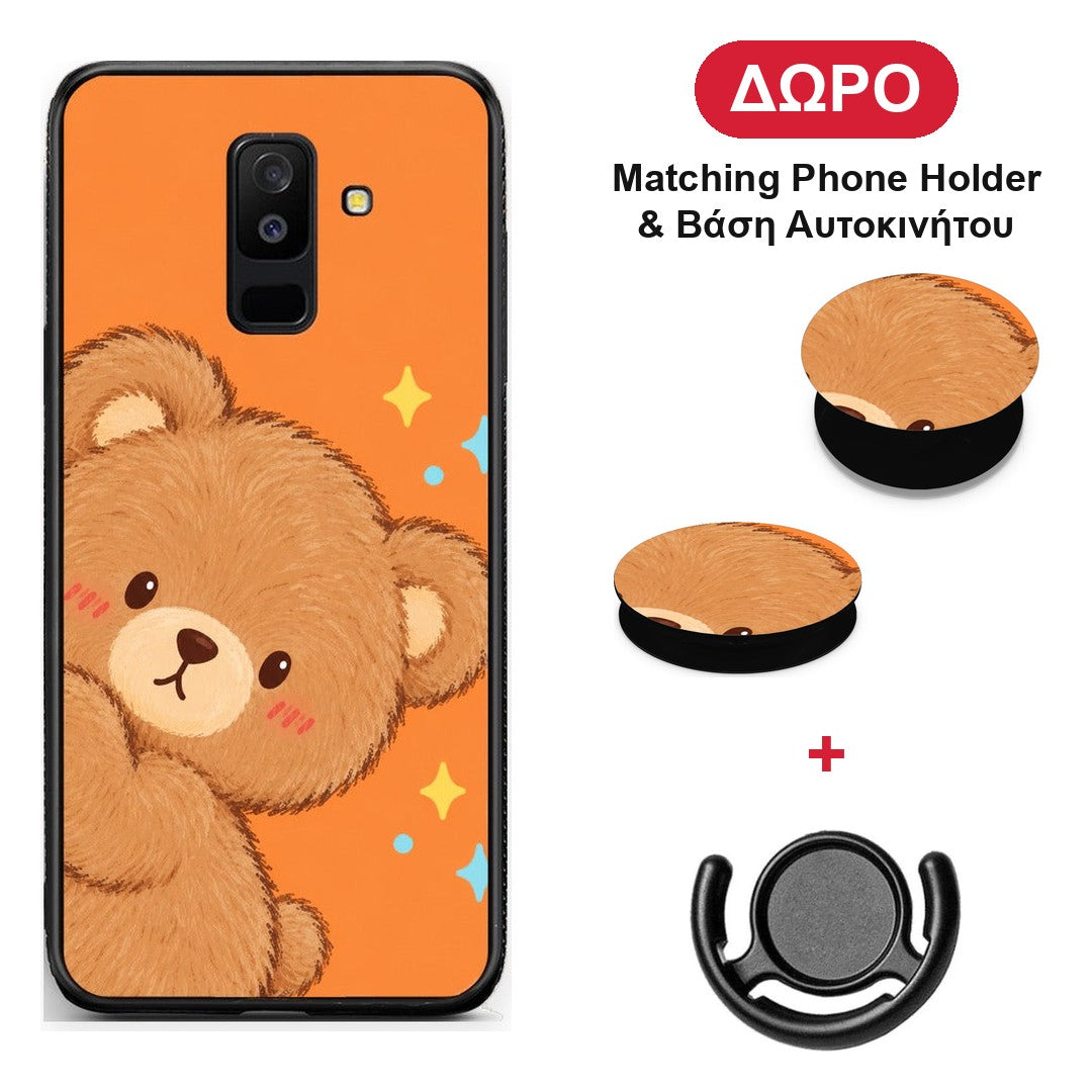 Peekaboo Teddy on Orange - Samsung Galaxy A6+ 2018 θήκη + Δώρο Phone Holder & Βάση Αυτοκινήτου
