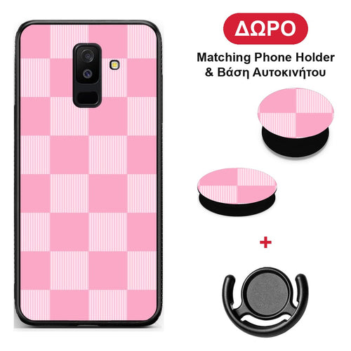 Pink and White Striped Checks - Samsung Galaxy A6+ 2018 θήκη + Δώρο Phone Holder & Βάση Αυτοκινήτου