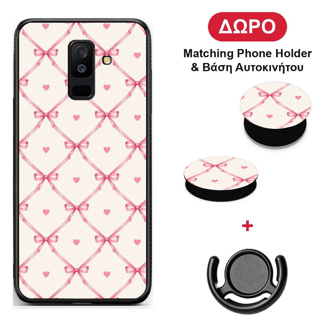 Pink Bow Lattice and Hearts on Cream - Samsung Galaxy A6+ 2018 θήκη + Δώρο Phone Holder & Βάση Αυτοκινήτου