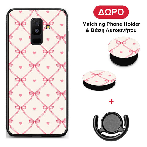Pink Bow Lattice and Hearts on Cream - Samsung Galaxy A6+ 2018 θήκη + Δώρο Phone Holder & Βάση Αυτοκινήτου