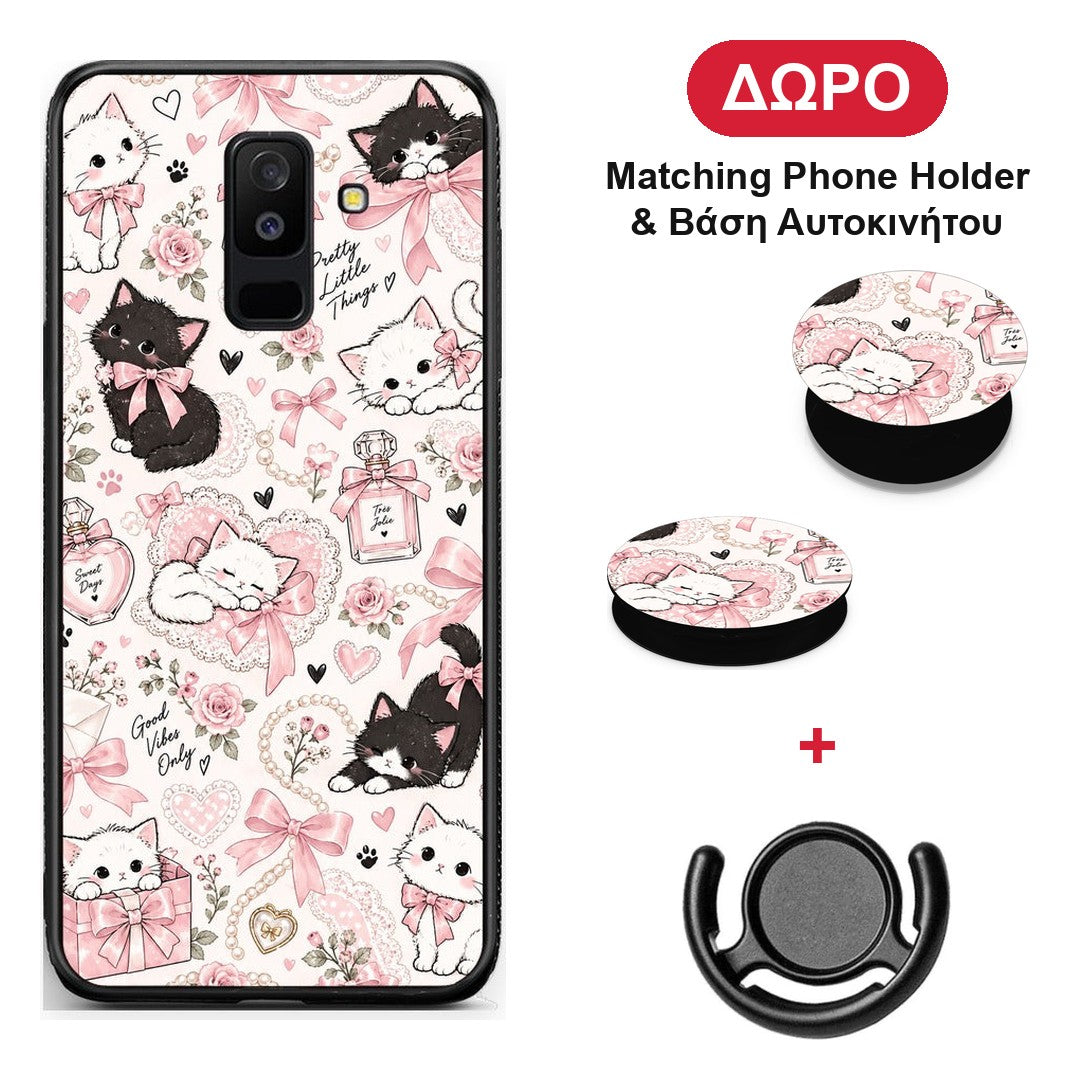 Pink Bows and Kittens Collage - Samsung Galaxy A6+ 2018 θήκη + Δώρο Phone Holder & Βάση Αυτοκινήτου